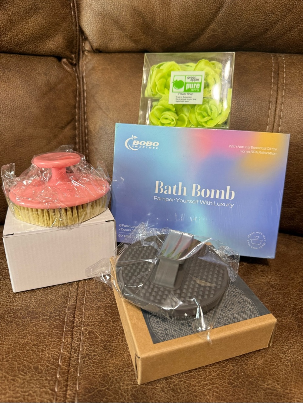 Bath Bomb Set with Green Rose Soap and Pink Body Brush